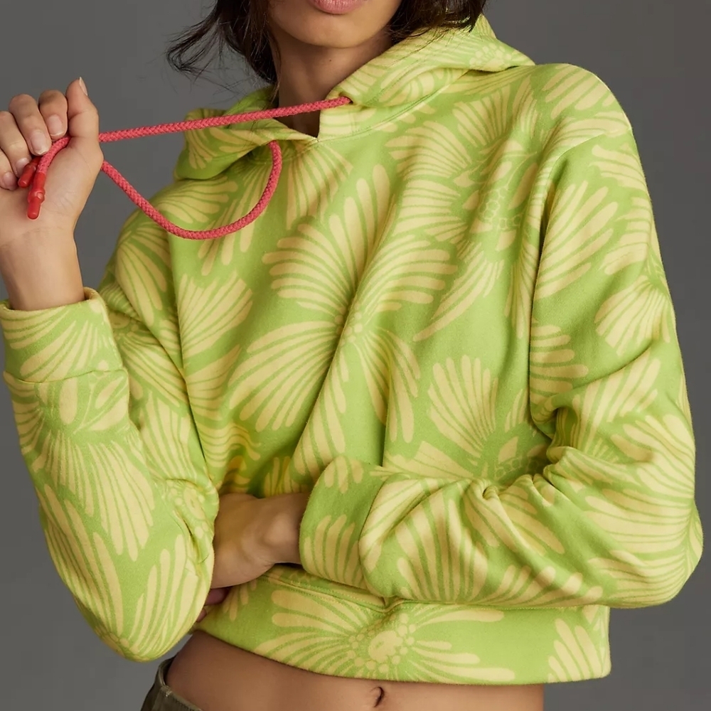 Farm Rio x Anthropologie Printed Cropped Hooded Sweatshirt Size Small